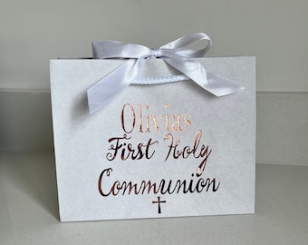 Personalised Name First Holy Communion Gift Bag Favours bags Personalised Gift present Bag with Ribbon Pink Blue White Cream