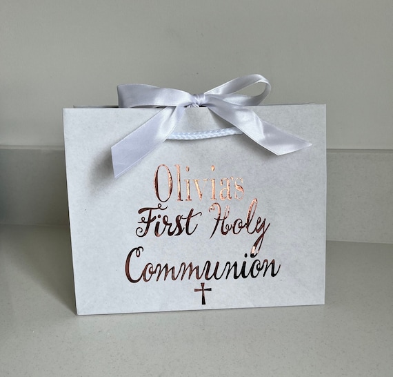 Personalised Name First Holy Communion Gift Bag Favours bags Personalised Gift present Bag with Ribbon Pink Blue White Cream
