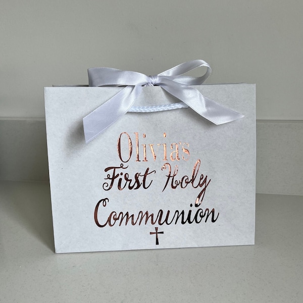 Personalised Name First Holy Communion Gift Bag Favours bags Personalised Gift present Bag with Ribbon Pink Blue White Cream