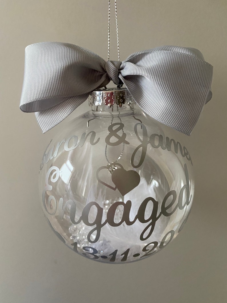 Engagement Gift Personalised Engaged Tree ornament Hanging Heart Charm personalised names & engagement date. Christmas 2023 image 9