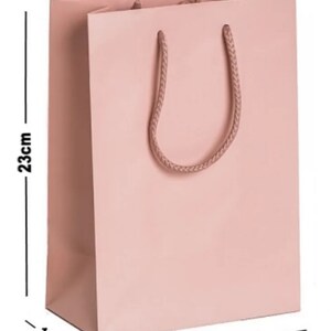 May include: A blush pink gift bag with a braided rope handle. The bag is 23 cm tall, 18 cm wide, and 10 cm deep. The bag is made of a smooth, matte paper material.