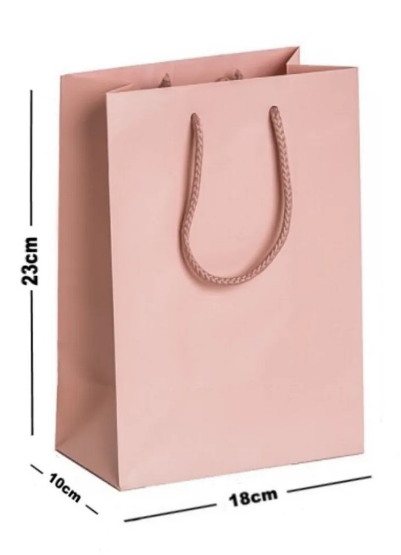 May include: A blush pink gift bag with a braided rope handle. The bag is 23 cm tall, 18 cm wide, and 10 cm deep. The bag is made of a smooth, matte paper material.