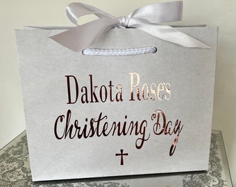 Small Personalised Name christening Day Gift Bag Favours bags Personalised baptism Gift Bag with Ribbon Pink Blue White Cream