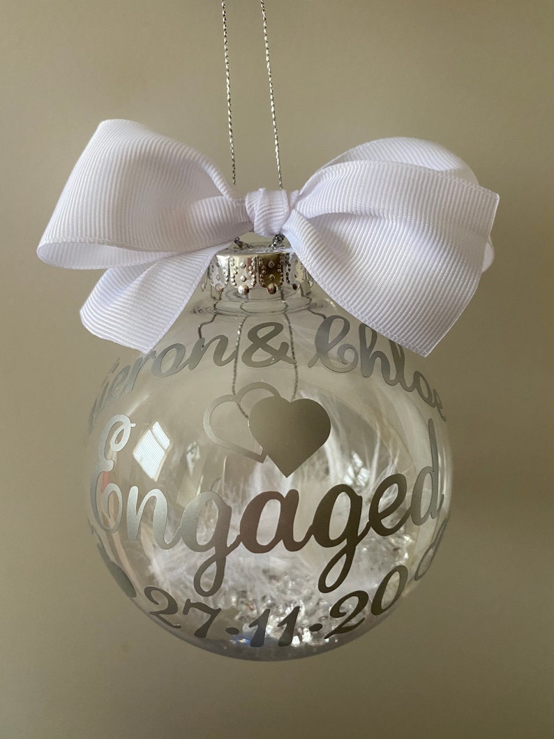 Engagement Gift Personalised Engaged Tree ornament Hanging Heart Charm personalised names & engagement date. Christmas 2023 image 7