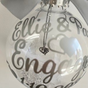 Engagement Gift Personalised Engaged Tree ornament Hanging Heart Charm personalised names & engagement date. Christmas 2023 image 2