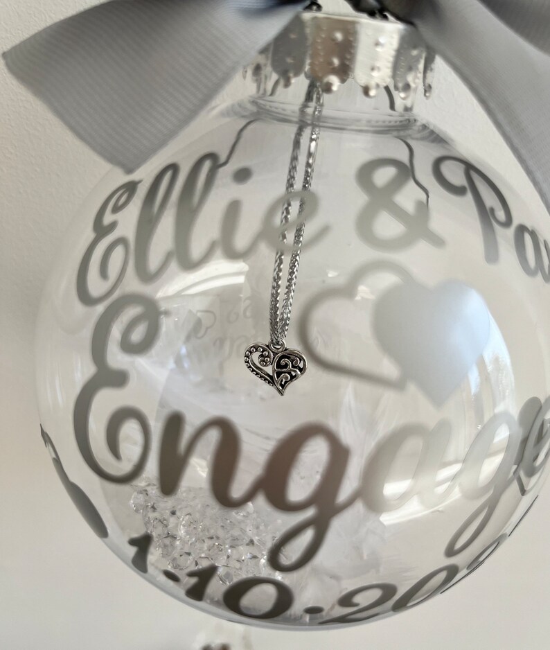 Engagement Gift Personalised Engaged Tree ornament Hanging Heart Charm personalised names & engagement date. Christmas 2023 image 2