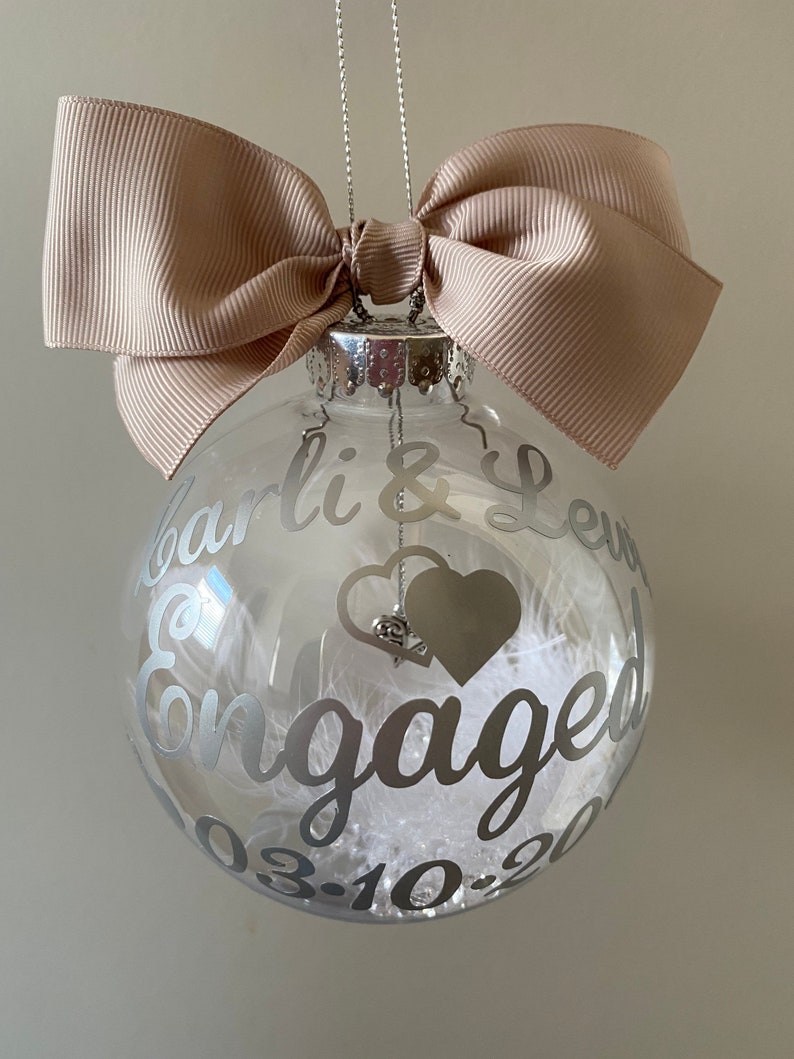 Engagement Gift Personalised Engaged Tree ornament Hanging Heart Charm personalised names & engagement date. Christmas 2023 image 5