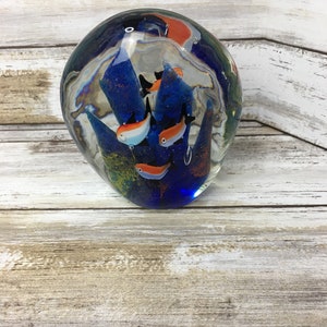 Art Glass Fish in Coral Paperweight - Hand Crafted - Multi Colored Glass