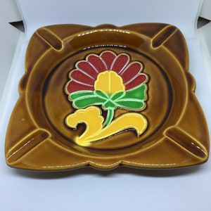 Vintage Ashtray Made in Japan Yellow & Red Flower