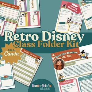May include: A Retro Disney Class Folder Kit with various printable templates. The kit includes student information sheets, newsletters, and "All About Me" forms. The design features Mickey Mouse and the text "Edit in Canva."