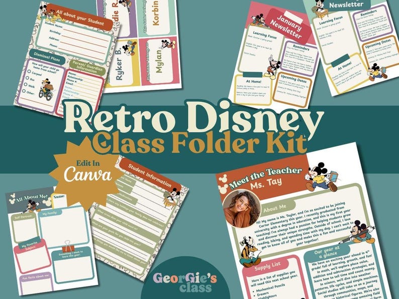 May include: A Retro Disney Class Folder Kit with various printable templates. The kit includes student information sheets, newsletters, and "All About Me" forms. The design features Mickey Mouse and the text "Edit in Canva."