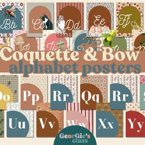 May include: A collection of alphabet posters with a vintage aesthetic. Each poster features a letter, a decorative arch, and a unique patterned background. The words "Coquette & Bow alphabet posters" are displayed in the center.