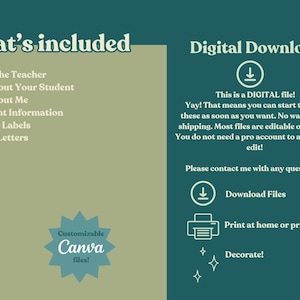 May include: Digital download graphic with text: "What's included" and a list of items. The right side states "Digital Download" and "This is a DIGITAL file!" with instructions to download, print, and decorate. Includes a "Customizable Canva files!" badge.