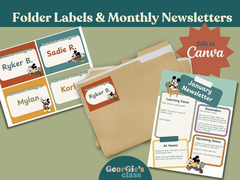 May include: A collection of folder labels and a monthly newsletter template. The labels feature names like 'Ryker B.' and 'Sadie R.' with a Mickey Mouse graphic. The newsletter includes sections for learning focus, reminders, and upcoming dates.