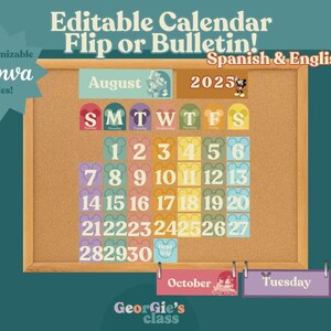 K&ouml;nnte beinhalten: Ein anpassbarer Canva-Kalender f&uuml;r August 2025, entworfen f&uuml;r Flip- oder Bulletin-Zwecke. Der Kalender zeigt farbenfrohe Mickey Mouse-Datumsbl&ouml;cke und einen Hintergrund aus Kork. Enth&auml;lt den Text "Editable Calendar Flip or Bulletin! Spanish & English."