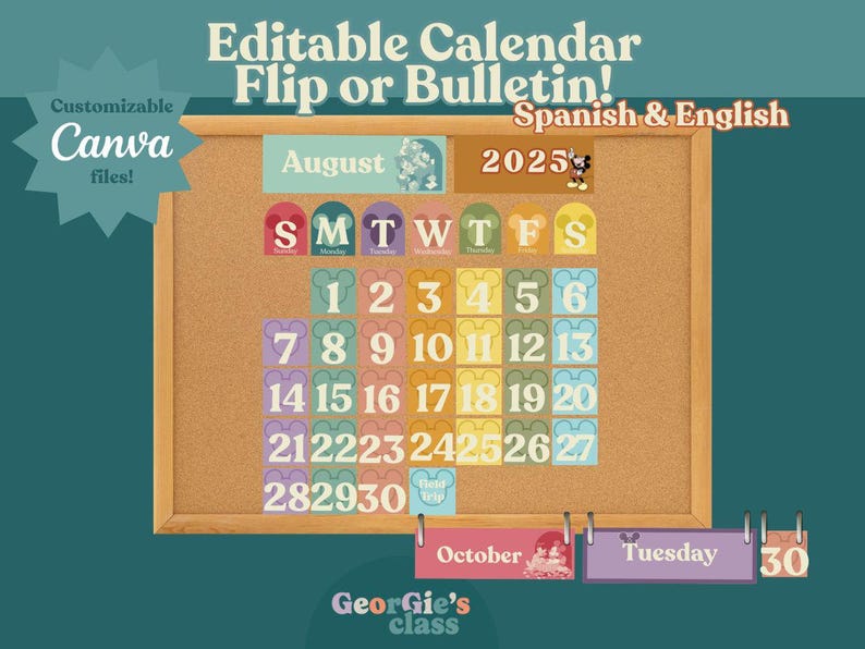 K&ouml;nnte beinhalten: Ein anpassbarer Canva-Kalender f&uuml;r August 2025, entworfen f&uuml;r Flip- oder Bulletin-Zwecke. Der Kalender zeigt farbenfrohe Mickey Mouse-Datumsbl&ouml;cke und einen Hintergrund aus Kork. Enth&auml;lt den Text "Editable Calendar Flip or Bulletin! Spanish & English."