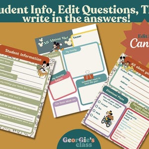May include: Three printable student information sheets with Mickey Mouse graphics. The sheets include sections for student information, family details, and dismissal plans. The text "Edit in Canva" is also visible.