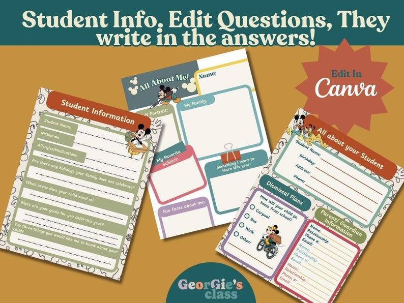 May include: Three printable student information sheets with Mickey Mouse graphics. The sheets include sections for student information, family details, and dismissal plans. The text "Edit in Canva" is also visible.