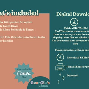K&ouml;nnte beinhalten: Digitaler Download-Grafik mit Text: "Was ist enthalten" und "Digitaler Download". Enth&auml;lt ein editierbares Kalender-Kit in Spanisch und Englisch, Veranstaltungstage und Stundenpl&auml;ne. Anpassbare Canva-Dateien.