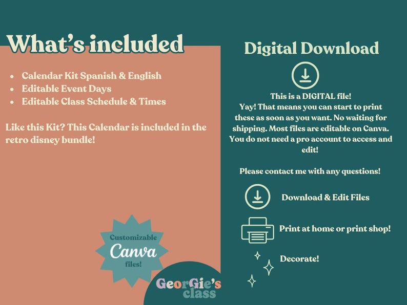 K&ouml;nnte beinhalten: Digitaler Download-Grafik mit Text: "Was ist enthalten" und "Digitaler Download". Enth&auml;lt ein editierbares Kalender-Kit in Spanisch und Englisch, Veranstaltungstage und Stundenpl&auml;ne. Anpassbare Canva-Dateien.