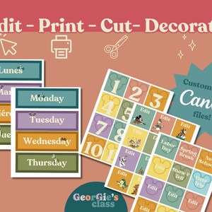 K&ouml;nnte beinhalten: Bunte, druckbare Canva-Dateien mit Wochentagen auf Englisch und Spanisch, Zahlen und besonderen Ereignissen. Das Design zeigt Disney-Figuren und den Text "Edit - Print - Cut - Decorate!"