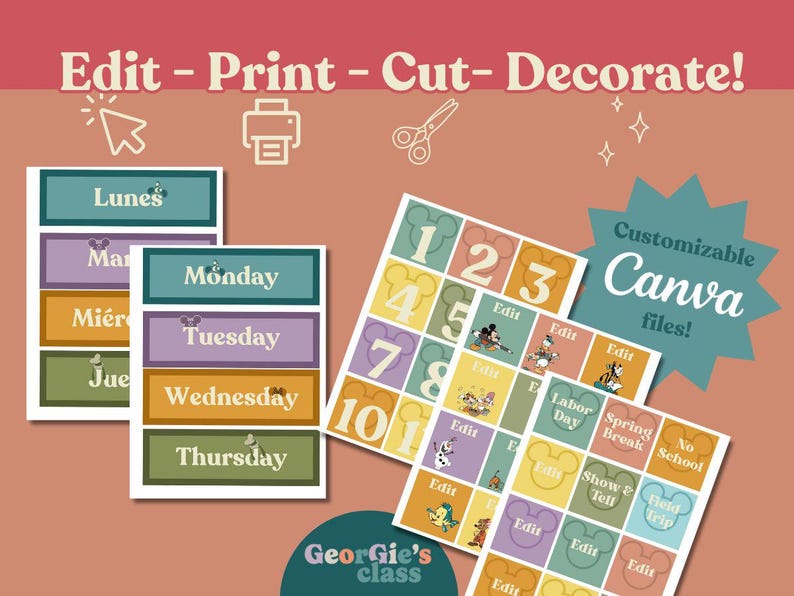 K&ouml;nnte beinhalten: Bunte, druckbare Canva-Dateien mit Wochentagen auf Englisch und Spanisch, Zahlen und besonderen Ereignissen. Das Design zeigt Disney-Figuren und den Text "Edit - Print - Cut - Decorate!"