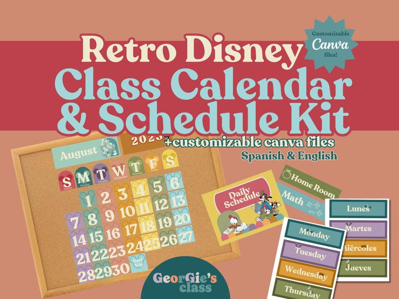 K&ouml;nnte beinhalten: Ein Retro Disney Klassenkalender & Stundenplan-Kit mit anpassbaren Canva-Dateien. Das Kit enth&auml;lt einen Kalender, einen Tagesplan und Fachbezeichnungen. Der Kalender zeigt den Monat August mit den Daten 1-30.