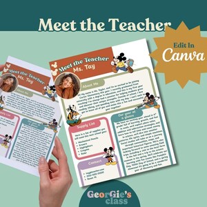 May include: Two "Meet the Teacher" flyers with a photo of Ms. Tay, Mickey Mouse graphics, and text. The flyers include sections for "About Me," "Supply List," and "Contact." The background is a teal color with a gold star that says "Edit in Canva."