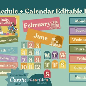 K&ouml;nnte beinhalten: Eine Sammlung farbenfroher, editierbarer Kalender- und Stundenplandateien. Enth&auml;lt Etiketten f&uuml;r Wochentage, Monate und F&auml;cher wie Mathe und Englisch. Mit Cartoon-Figuren und dem Text "Schedule + Calendar Editable Files."