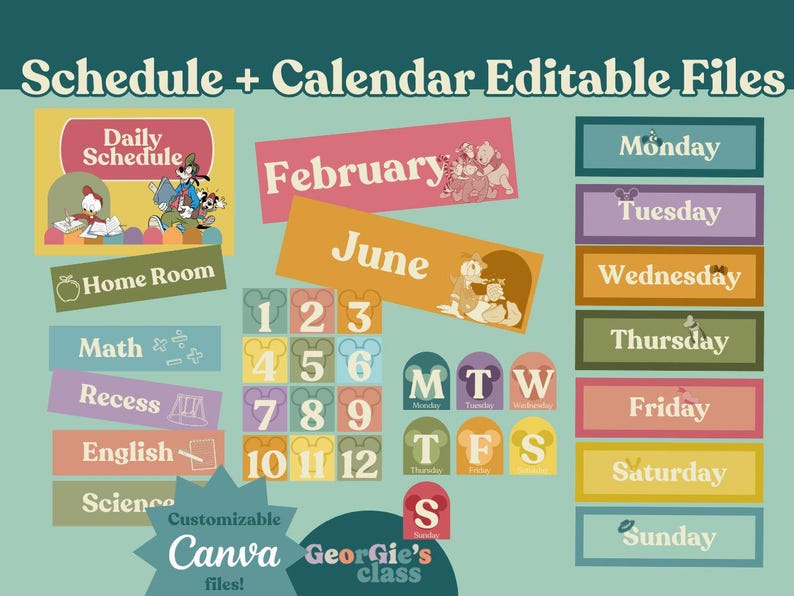 K&ouml;nnte beinhalten: Eine Sammlung farbenfroher, editierbarer Kalender- und Stundenplandateien. Enth&auml;lt Etiketten f&uuml;r Wochentage, Monate und F&auml;cher wie Mathe und Englisch. Mit Cartoon-Figuren und dem Text "Schedule + Calendar Editable Files."