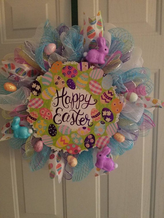 Easter Deco Mesh Wreath Door Hanger Decoration Spring Etsy