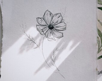 コスモスの花の鉛筆スケッチ、オリジナルの花のアート（8x6） - Etsy 日本
