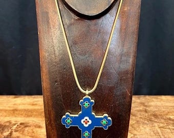 Capri Women’s Pendant Necklace Gold Tone Blue Green Red Enamel Rhinestone Cross