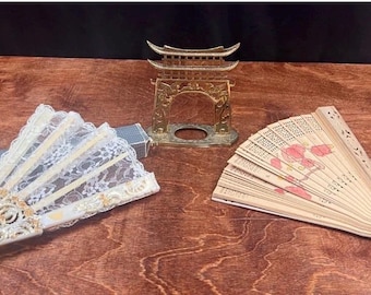 Vintage Brass Asian Pagoda + Wooden and Lace Fans