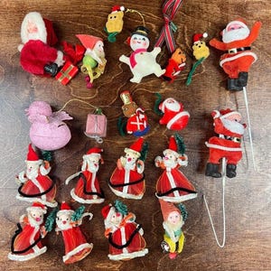 Lote de adornos navideños vintage de chenilla de limpiapipas de los años 60 con forma de Papá Noel, muñeco de nieve y elfo