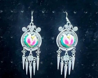 Silver Dangle Earring with Embroidered Flowers