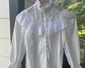 Vintage Gunne Sax Jeunes Filles Mädchen 6 Weiße Bluse Victorian Prairie