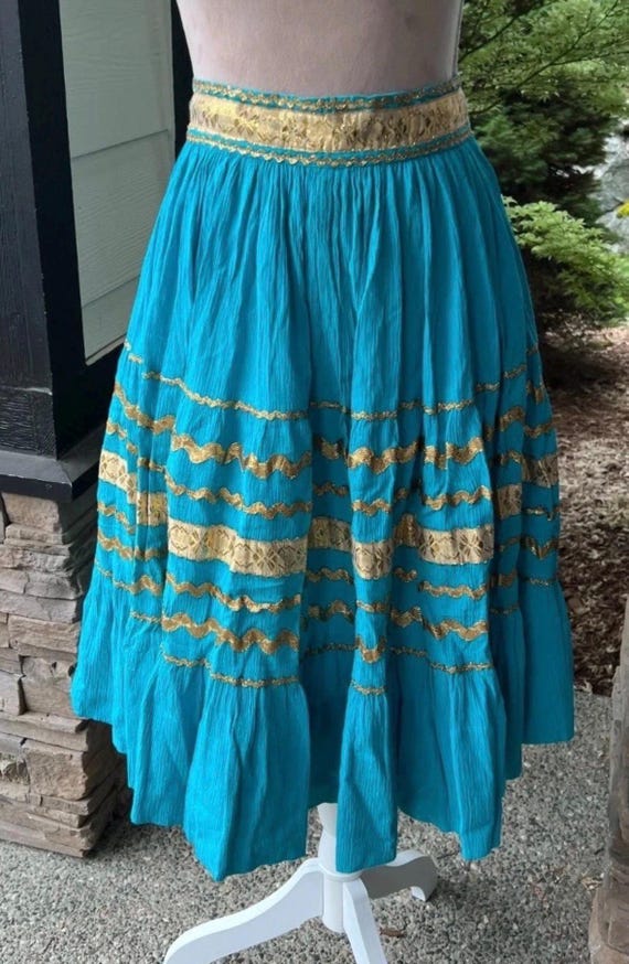 Vintage 1950s Turquoise Patio Skirt Gold Trim View 2