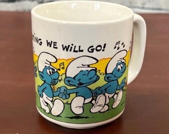 Smurf A Smurfing We Will Go! Smurfs Coffee Mug Vintage Cup White 1981