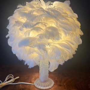 Vintage Boudoir Burlesque Art Deco Soft White Feather Frosted Glass Table Lamp