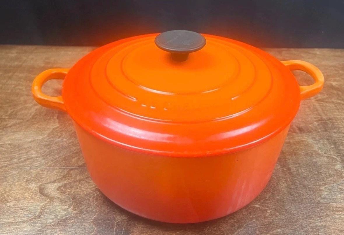 POÊLON LE CREUSET fonte émaillée orange avec couvercle 18 Cm Vintage occasion E EUR 28,00