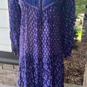 Vintage 70’s Floral Indian Gauze Cotton Bib Dress Small Cottagecore