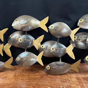 Vintage MCM Brutalist Metal school of Fish Wall Hanging Art Sculpture 18&quot; India