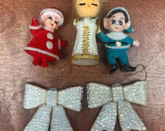 Vintage 1960s Christmas Ornament Sequin Bow Mrs Claus Angel Elf Lot of 5