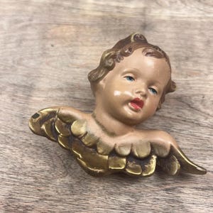 Vintage Hand Painted Plaster Cherub Angel Face Wall Plaque Gold Wings