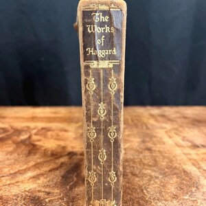 以下が含まれることがあります： 金色の文字で「The Works of Haggard」と書かれた、ヴィンテージ本の背表紙。茶色の革の背表紙には、金色の花の模様が施されています。本は暗い背景と木製の表面に置かれています。