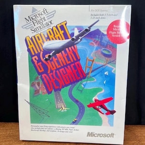 May include: A Microsoft Flight Simulator Aircraft & Scenery Designer software box for DOS systems. The cover features a white airplane, a red seaplane, a bridge, and a runway illustration. It includes both 3.5-inch and 5.25-inch disks.