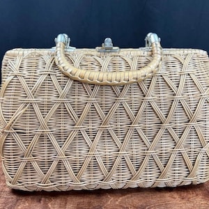 Vintage 1960s Wicker Rattan Woven Garden Party Purse Handbag