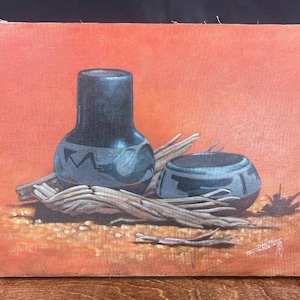 May include: An oil painting featuring two dark blue pottery vessels with geometric designs, resting on a bed of dried twigs against an orange background. The artwork evokes a Southwestern theme.