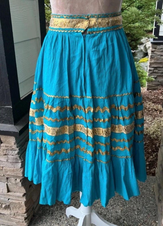 Vintage 1950s Turquoise Patio Skirt Gold Trim View 4